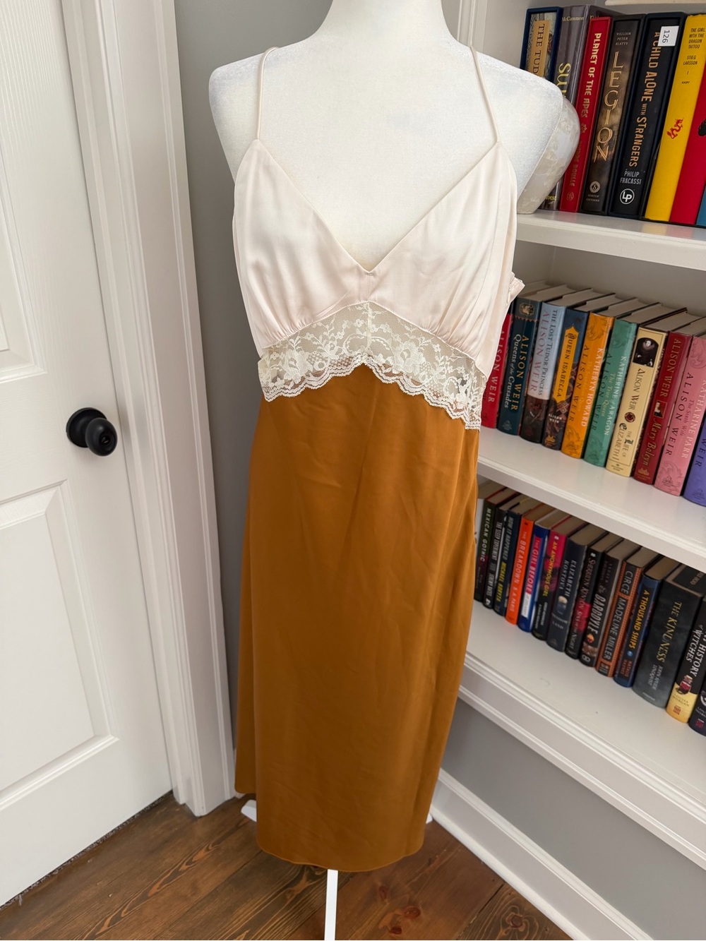 Abercrombie & Fitch Ivory and Mustard Satin Lace-Trim Slip Dress
